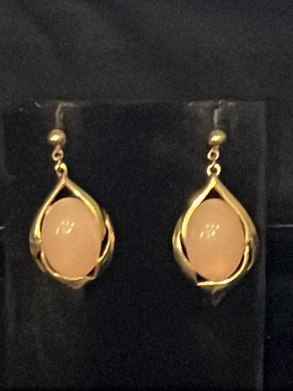Trifari Pink Cabochon Framed in Open Gold Tone Teardrop Earrings
